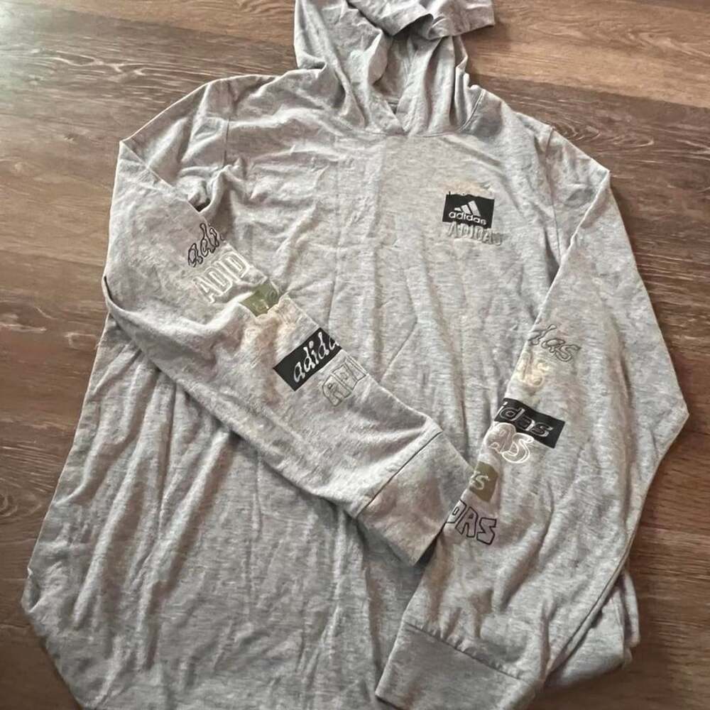 Adidas Long Sleeve Hoodie Size L Gray Graphic Logo Athletic Shirt